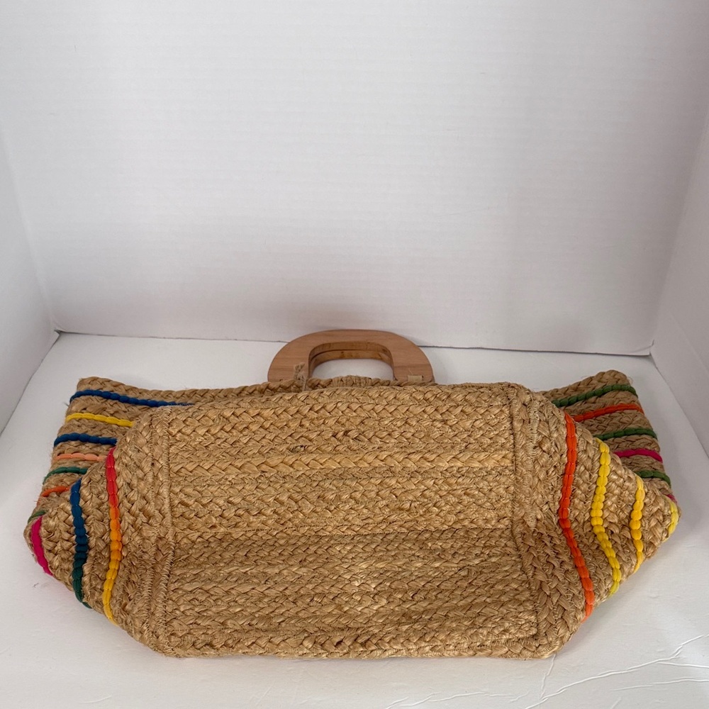 Antik Kraft Handwoven Jute Tote with Colorful Stripe Accents NWT - Picture 6 of 16